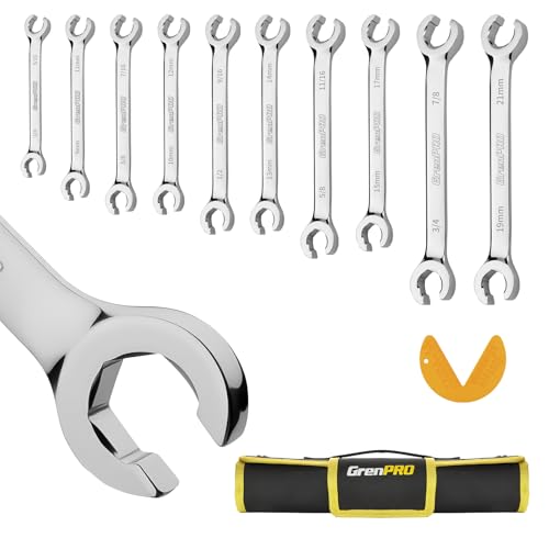 GRENPRO 6-Point Flare Nut Wrench Set – 10Pcs CR-V Steel Brake Line Wrench Kit for Cars & Trucks,Complete Standard (1/4"-7/8") and Metric (9-21mm) Sizes, Includes Storage Pouch & Identification Gauge Silver 10PCS Metric & SAE