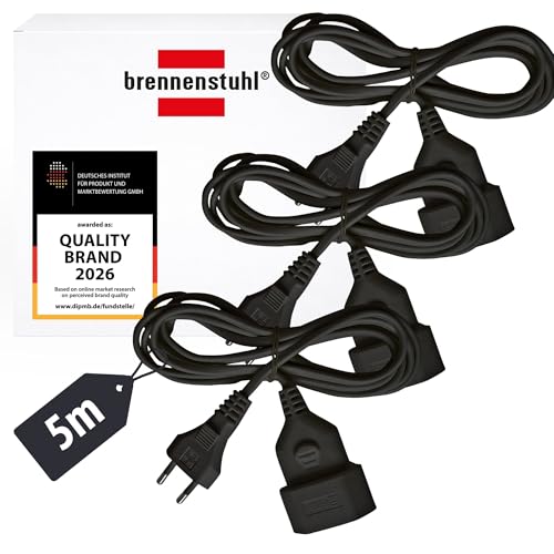 Brennenstuhl Set of 3 Plastic Extension Cables 5 m | Indoor Extension Cable with Euro Plug and Coupler Black Pack of 3