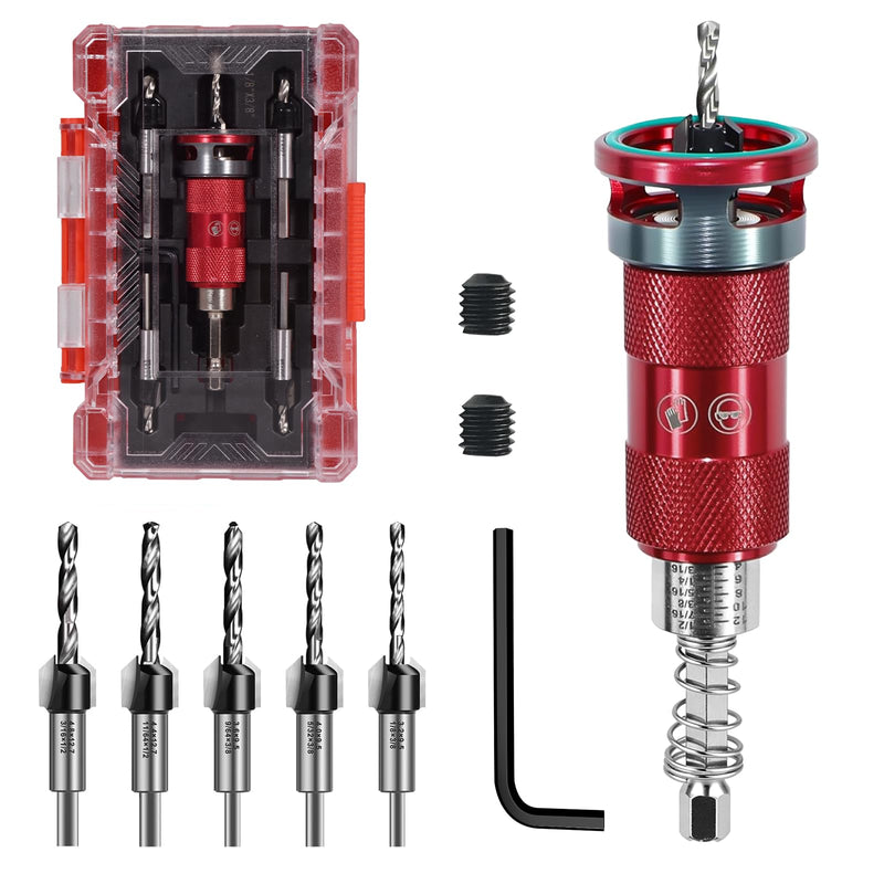Countersink Drill Bit Set, 5 Pcs ﻿Two-Flute Semi-Automatic HSS M2 with Bearing Stopper, 82° Counterbores 1/4” Hex Shank Wood Countersink Bit Set for Wood, Plastic, Woodworking Semi-Automatic-5Pcs