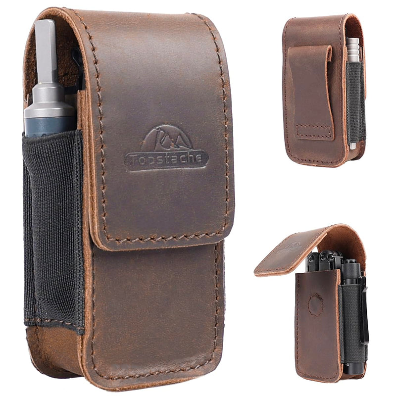 Topstache Leather Multitool Sheath for Belt - EDC Belt Organizer for Leatherman, Gerber - Magnetic Closure Multitool Holster Pouch Fits Folding Tool - Leather Multi Tool Case, M, Darkbrown Medium