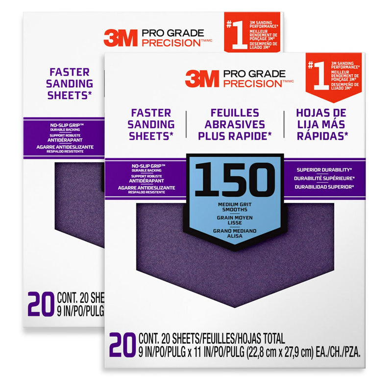 3M Advanced Sandpaper, 20-Pack, 150 Grit, 3M Pro Grade Precision, Features No-Slip Grip Backing, 9-in x 11-in, for Sanding Wood, Drywall, Metal, Can be Used on Wet/Dry Surfaces. ‎26150CP-P-G, 2-Pack 2-Pack (40 Sheets)