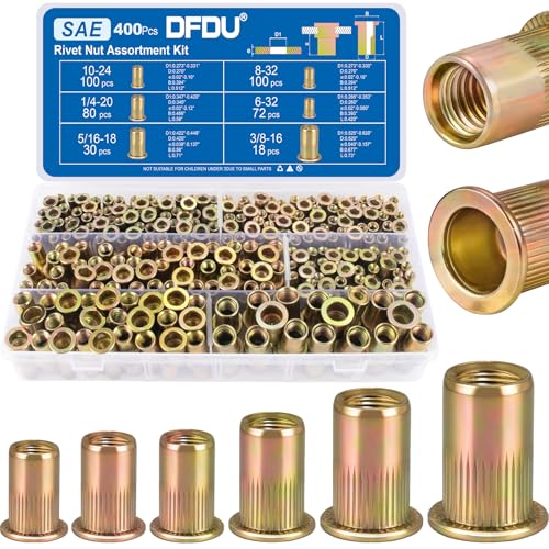 400Pcs SAE Rivet Nut Kit, UNC Threaded Insert Nutsert Set, 6-32 8-32 10-24 1/4"-20 5/16"-18 3/8"-16 Flat Head Carbon Steel Zinc Plated Rivnuts for Metal Sheet Fasteners SAE kits 400pcs