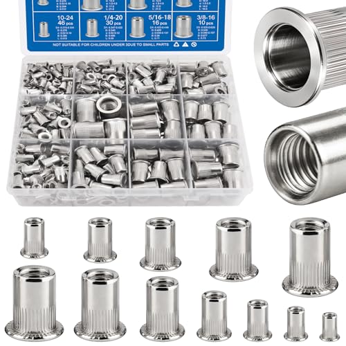 390Pcs Rivet Nut Kit, Metric & SAE Rivnut Assortment Set M3 M4 M5 M6 M8 M10 M12#8-32#10-24 1/4"-20 5/16"-18 3/8"-16 304 Stainless Steel Nutsert Flat Head Threaded Inserts for Metal, Automotive SS Metric & SAE 390pcs