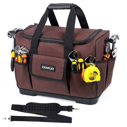 16-Inch Tool Bags For Men Heavy Duty, 29 Pockets Large Tool Organizer Bag with Hard Plastic Bottom & Waterproof Oxford, Electrician Tool Bag for HVAC Mechanic Contractor Construction Work Brown 16 Inch
