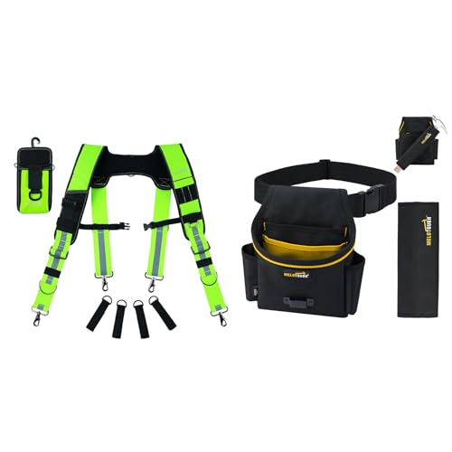 MELOTOUGH Reflective Safety Tool Belt Suspenders Construction Bag Suspenders, Tool Belt Pouches with Detachable Hammer Holster for Electrician, Carpenter, Construction