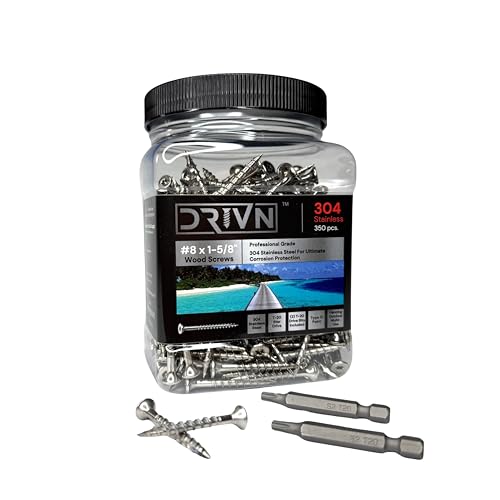 #8 x 1-5/8 Inch Stainless Steel Wood Screws | 304 Grade | 350 Pack | T20 Star Torx Drive Flat Head | (2) 2" Pro Drive Bits Included | Corrosion Resistance | Fence and Outdoor Use (1-5/8") 1-5/8"
