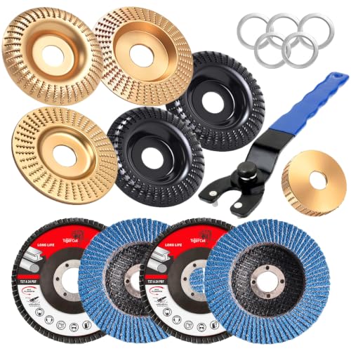 16-Piece Wood Carving Disc Kit for 4 in 4.5 in Angle Grinder, Woodworking Grinding Wheels Kit with 7/8"-5/8" Arbor for Quick Rough Cutting Shaping Sanding Polishing