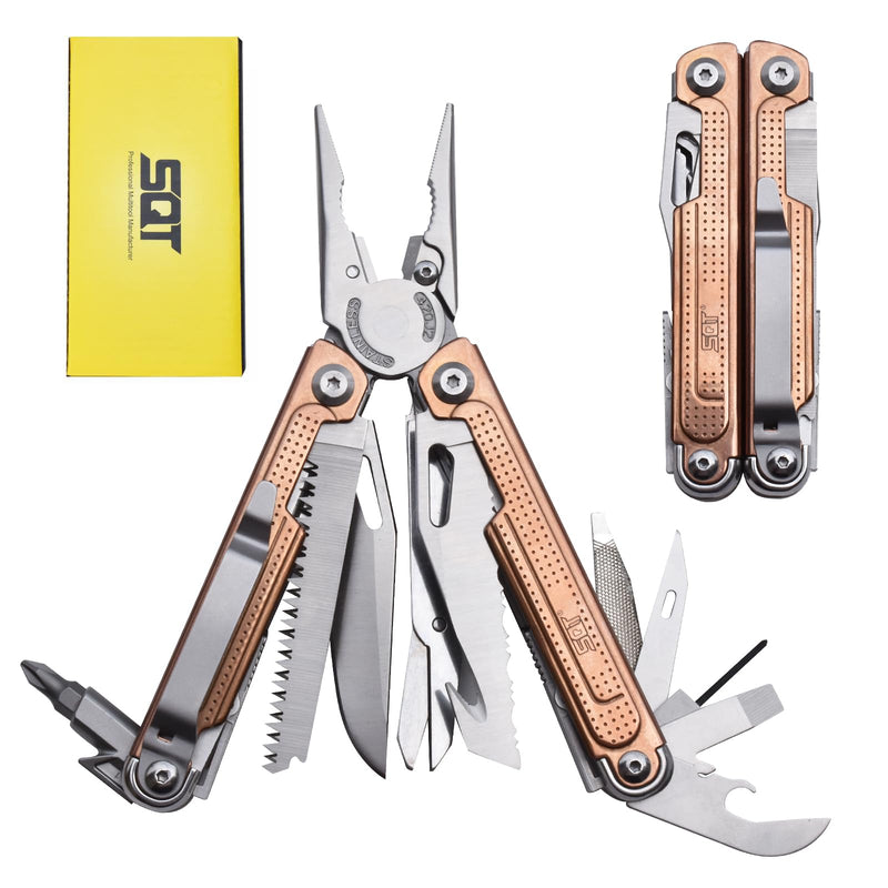 SQT2048-C 20-in-1 Multitool Pliers, Stainless Steel Multi Tool with Safety Lock, Pocket Clip, Foldable EDC Tool for Outdoor Camping Hiking Fishing Repair,Gift for Men, Rose Gold SQT2048-C