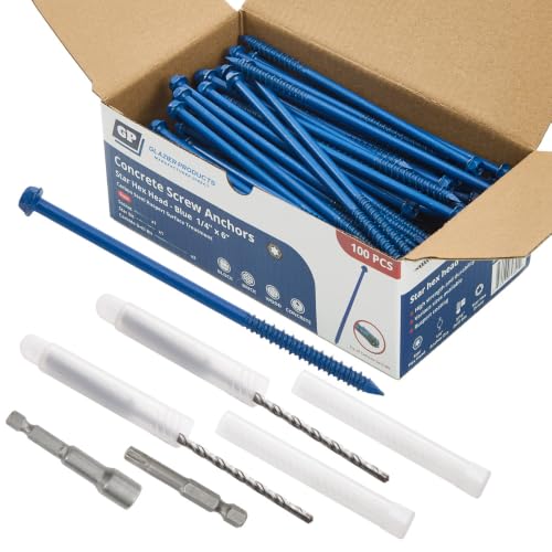1/4" x 6" Concrete Screws, Blue Hex Head with Star Drive, 100 Pack w/ 2 Drill Bits, 1 Star Bit, & 1 Hex Bit Included - Heavy Duty Masonry Anchor Screws for Concrete, Brick, Block - Carbon Steel 1/4" x 6"