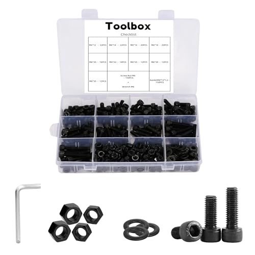 450PCS M6 Screws with Nuts Assortment Kit - M6x8/10/12/16/18/20/25/30/35 mm Hex Socket Head Cap Bolts with Nuts & Washers Assorted Set - 12.9 Alloy Steel Black Zinc Plated Anti-Rust Hardware Set Black-Hex Socket Head Cap