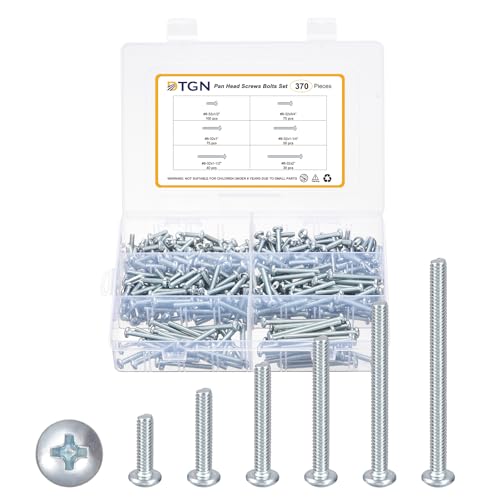 DTGN 370pcs #8-32 Pan Head Machine Screws Bolts Kit Carbon Steel #8-32x1/2"/3/4"/1"/1-1/4"/1-1/2"/2" 370