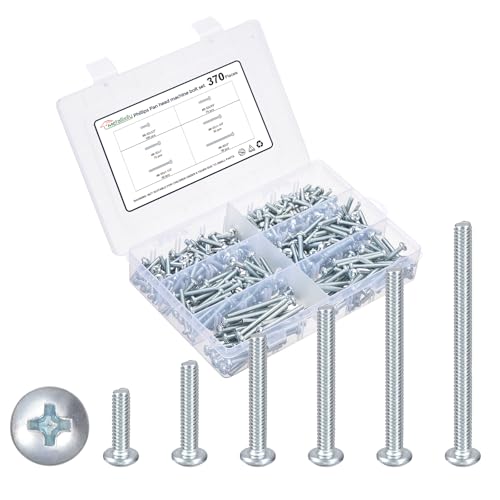 METALLIXITY #8-32 Phillips Pan Head Bolt Kit 370Pcs Carbon Steel #8-32x1/2"/3/4"/1"/1-1/4"/1-1/2"/2" 370