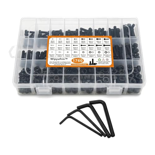 1760pcs M2-M5 Metric Screw Assortment, Grade Alloy Steel Hex Socket Head Cap Bolts and Nuts Kit, Black Zinc Plated and Anti Rust Screw Set with 4 pcs Hex Wrenches
