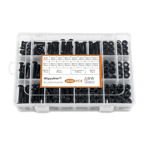1600Pcs M3 Screw Kit, 12.9 Grade Alloy Steel Hex Socket Button & Cap Head Metric Screw Assortment M3 Bolts and Nuts Washers Kit Black Small Machine Screw Set for 3D Printing