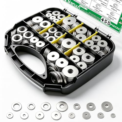 455PCS 304 Stainless Steel Fender Washer Kit, Washers for Bolts SV M3-M12 (455PCS)