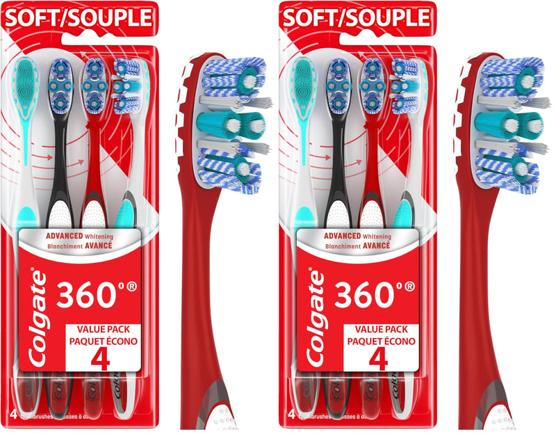 Colgate 360 Advanced Whitening Soft Toothbrush Pack, 4 Adult Soft Toothbrushes with Cheek and Tongue Cleaner, Helps Clean Your Teeth, Tongue, Cheeks, & Gums, 4 - Pack (Pack of 2) 1 Count (Pack of 8)