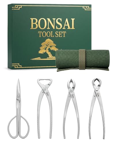 Bonsai Tool Kit 4PCS with Tool Roll Bag & Luxury Gift Box, Bonsai Tools Set 4-Piece Set