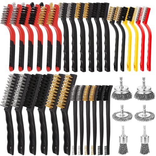 36 Pcs Wire Brushes for Cleaning Stainless Steel/ Nylon/ Brass Metal Brush Set with Curved Handle Grip Carbon Steel Wire Wheel for Drill Grinder Wire Brush for Rust Paint and Dirt Removal 36