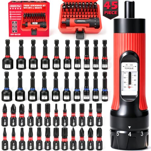 Torque Screwdriver 10-70 in-lb, 45-Piece 1/4" Drive Set with 24 S2 Steel Bits, 20 CR-V Magnetic SAE and Metric Nut Drivers, Storage Case, Inch Pound Torque Wrench for Automotive, Bike and DIY Repair 45-piece｜24 S2 Bits + 20 Nut Drivers