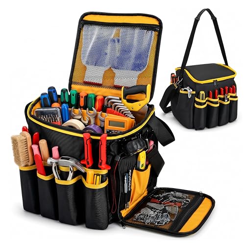 Heavy Duty Tool Bag with Multiple Pockets, 1680D Tear-Proof Tool Tote Organizer with Adjustable Shoulder Strap, Portable Toolbox for Men, Electrician, Father's Day Birthday Gift
