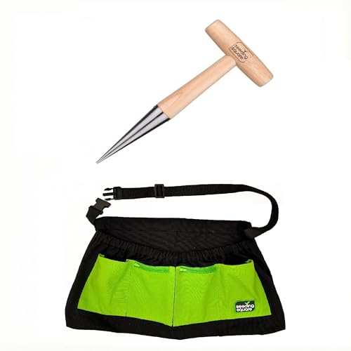 Pokey Planter + Black Harvest Apron Bundle – Dibber Tool for Planting Seeds & Seedlings with Garden Apron for Easy Carry & Organization