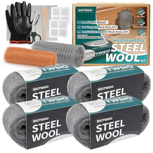 Steel Wool Gap Filler Kit – 0000# Fine Steel Wool for Household Sealing 4-Rolls Kit