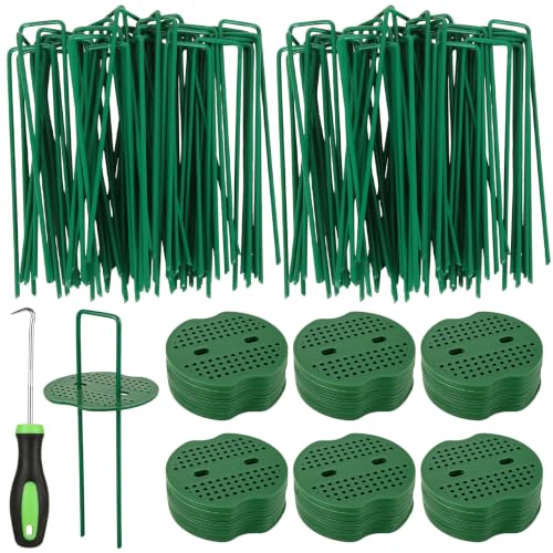 6 Inch Landscape Staples Set, 100Pcs U-Shaped Landscape Staples and 100Pcs Fixing Gasket with 1 Pcs Pick Hook for Weed Fabric & Landscaping, Green