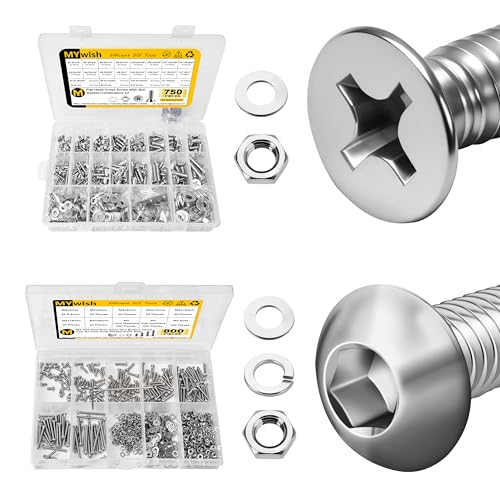 Mywish 750Pcs #6-32#8-32#10-24 1/4-20" Nuts and Bolts Assortment Kit & 800Pcs M2 Metric Screw Assortment,304 Stainless Steel Bolts and Nuts Kit, Phillips Flat Head Assorted Screws