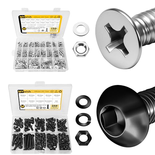 Mywish 750Pcs #6-32#8-32#10-24 1/4-20" Nut and Bolts Assortment Kit & 244Pcs M5 Screw Metric Screw Assortment, Nuts and Bolts Assortment Kit, Flat & Spring Lock Washers/Nuts/Wrenche