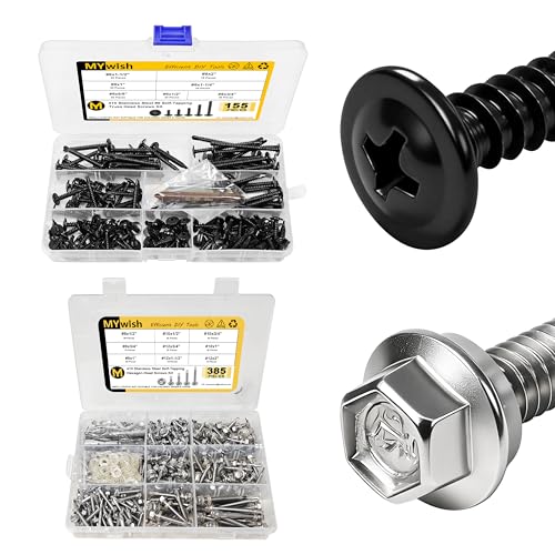 Mywish 155Pcs #8 Black Self Tapping Screws & 385 Pieces #8#10#12 Self Tapping Screws for Metal， 410 Stainless Steel Truss Head Sheet Metal Screws, Self Drilling Screws for Metal Plastic & Wood