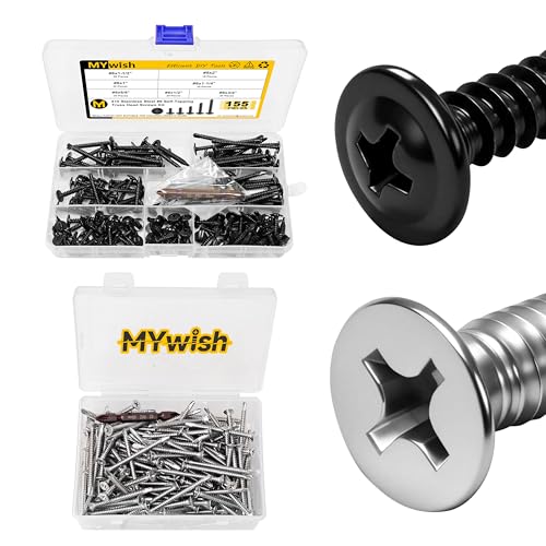 Mywish 155Pcs #8 Black Self Tapping Screws & 150Pcs #8 x 2 Self Tapping Screws,410 Stainless Steel Truss Head Sheet Metal Screws, Self Drilling Screws for Metal Plastic & Wood， Self Drilling Screws