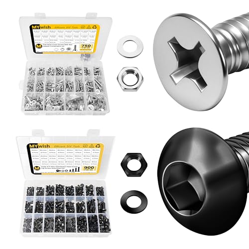 Mywish 750Pcs #6-32#8-32#10-24 1/4-20" Nut and Bolts Assortment Kit & 900Pcs M3 M4 M5 M6 Metric Screw Assortment Kit, Nuts and Bolts Assortment Kit, Flat & Spring Lock Washers/Nuts/Wrenche