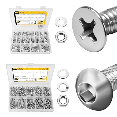 Mywish 750Pcs #6-32#8-32#10-24 1/4-20" Nuts and Bolts Assortment Kit & 380 Pcs M4 Screw Nuts and Bolts Assortment Kit, 304 Stainless Steel Machine Screw Assortment Kit, Phillips Flat Head Assorted