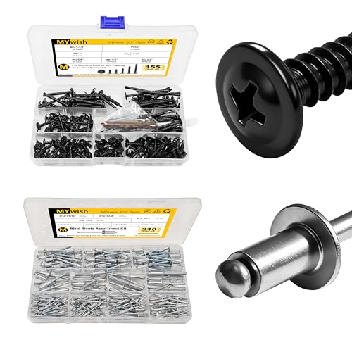 Mywish 155Pcs #8 Black Self Tapping Screws & 210Pcs Aluminum Steel Blind Pro Rivets Assortment Kit, 8 Sizes 3/16" 1/8" Aluminum Grip and Steel Mandrel Pop Rivets, Self Drilling Screws Assortment Kit