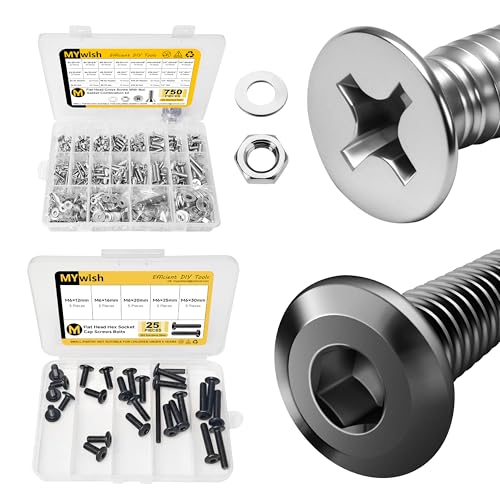 Mywish 750Pcs #6-32#8-32#10-24 1/4-20" Nuts and Bolts Assortment Kit & 25Pcs M6 Bolts x 12/16/20/25/30mm Flat Head Hex Socket Cap Screws Bolts Assortment Kit, 304 Stainless Steel Metric Screws