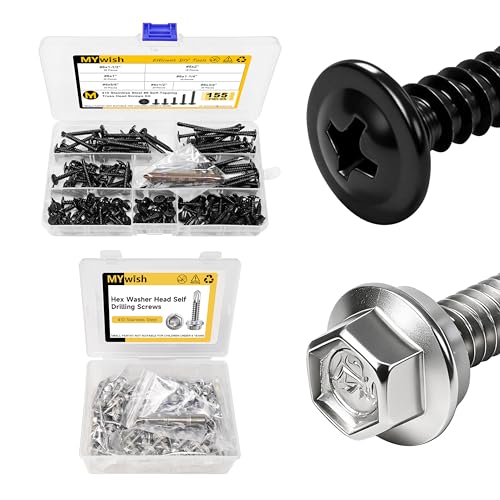 Mywish 155Pcs #8 Black Self Tapping Screws & 200pcs #10×1" Self Tapping Screws for Metal, 410 Stainless Steel Truss Head Sheet Metal Screws, Self Drilling Screws for Metal Plastic & Wood，Self Drilling