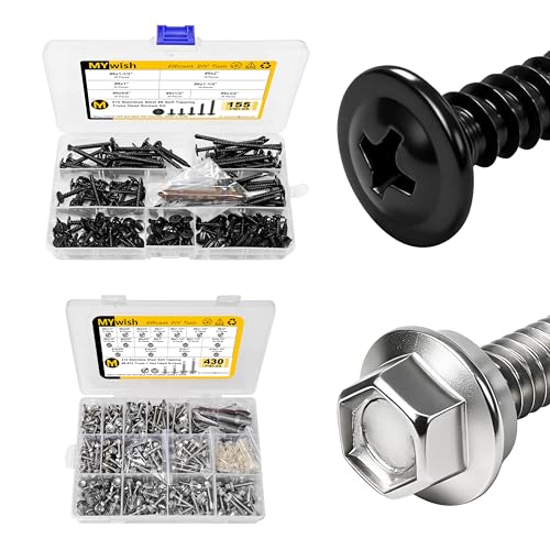 Mywish 155Pcs #8 Black Self Tapping Screws & 430Pcs #8#10 Self Tapping Screws for Metal, 410 Stainless Steel Truss Head Sheet Metal Screws, Self Drilling Screws for Metal Plastic & Wood