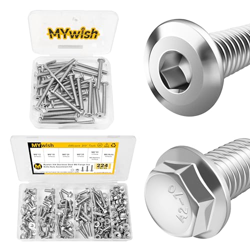 Mywish 30Pcs M5 x 40mm Flat Head Hex Socket Cap Screws Bolts & 224Pcs M6 Bolt x 12/16/20/25/30mm, M6x1.0 Bolt, Flanged Hex Head Bolts with Flange Nuts Washers, 304 Stainless Steel M6 Screws,
