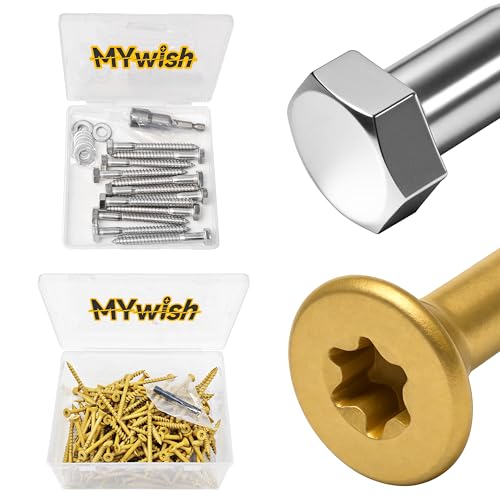 Mywish (12Sets) 5/16" x 3" Hex Head Lag Bolts & 152Pcs Wood Screws #10 x 2-1/2" 2lb Box, Heavy Duty Lag Screws with Washers, T25 Torx Drive Head, Outdoor Construction Screws