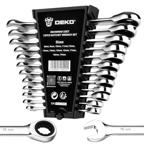 DEKOPRO 12-Piece Ratcheting Wrench Set 8-19mm Metric Standard, Fixed Head Combination Wrenches Set with Rack Organizer, Cr-V Steel, 12 Point 72 Teeth Metric-12 pcs