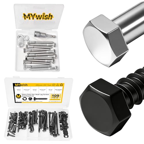 Mywish (12Sets) 5/16" x 3" Hex Head Lag Bolts & 109Pcs 1/4" Hex Head Lag Screws Assortment Kit, Heavy Duty Lag Screws with Washers, 304 Stainless Steel Bolts 18-8, Lag Screws Wood Screws