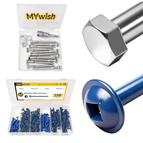 Mywish (12Sets) 5/16" x 3" Hex Head Lag Bolts & 190Pcs #8 Pocket Hole Screws, Wood Screws Assortment Kit, #8 x 1, 1-1/4", 2", 2-1/2", Self Tapping Pocket Screws with Square Drive, Lag Screws