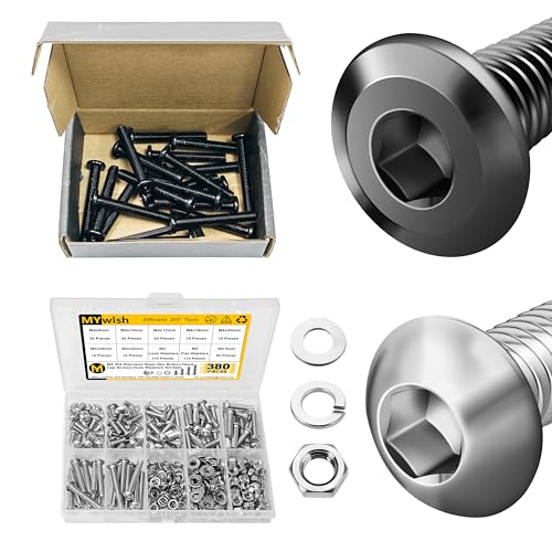 Mywish M8 x 55mm 20Pcs Flat Head Hex Socket Cap Screws Bolts & 380 Pcs M4 Screw Nuts and Bolts Assortment Kit, M4*8/10/12/16/20/25/30, 304 Stainless Steel Button Head Socket Cap Metric Screws Bolts