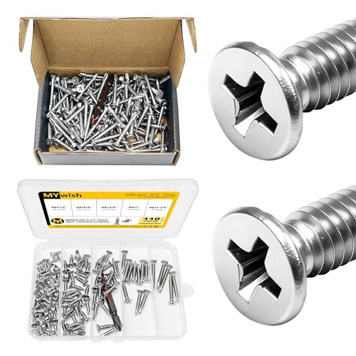 Mywish (150Pcs) #10 x 1-1/2" Self Tapping Screws & 110Pcs #8 Flat Head Sheet Metal Screws Assortment Kit, 410 Stainless Steel Self Tapping Screws Self-Drilling Screw for Metal Aluminum, Windows, Ceili