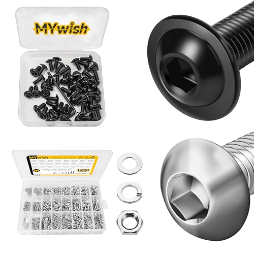 Mywish M5 x 12mm 50Pcs Flange Button Head Hex Socket Cap Screws Bolts & 1290 Pieces M2 M3 M4 M5 Screw Nuts and Bolts Assortment Kit, 304 Stainless Steel Button Head Socket Cap Metric Screw Assortment
