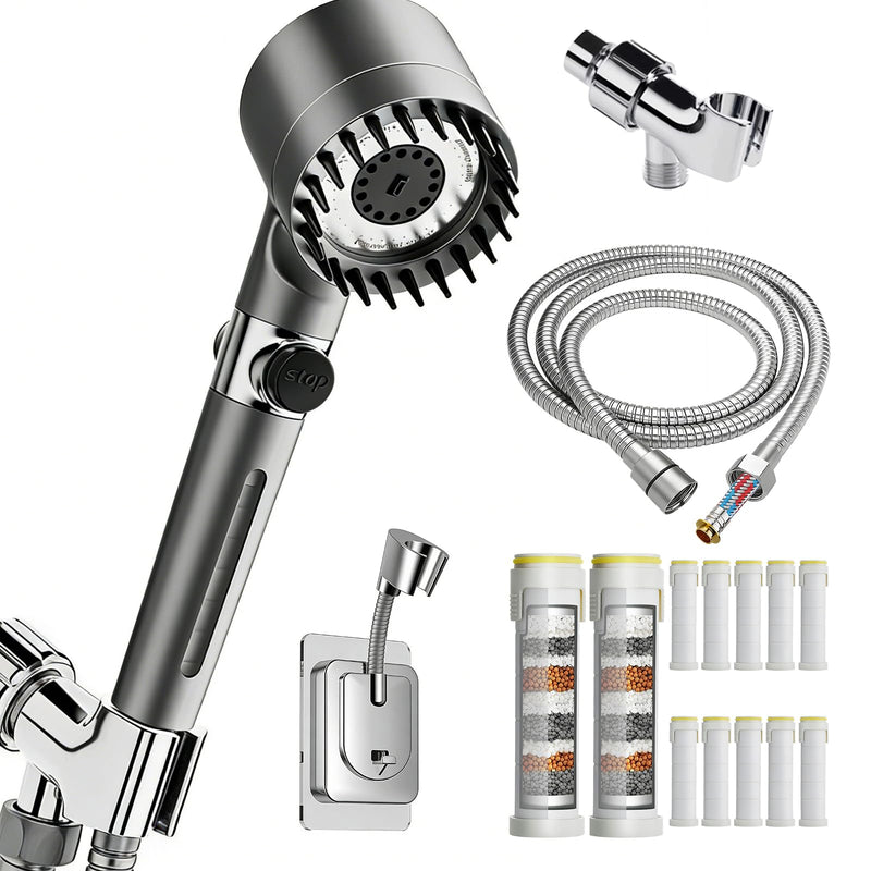 High Pressure Filtered Shower Head - Ion Shower head with Handheld for Hard Water | 4 Spray Modes Showerhead Combo with 12 Replacement Filters, 78" Extra Long Hose & Adjustable Bracket L