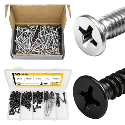 Mywish (150Pcs) #10 x 1-1/2" Self Tapping Screws & 110Pcs 1/2" to 1-1/4" #8 Sheet Metal Self Tapping Screws Assorted Kit, 410 Stainless Steel, Tek Self Drilling Mouting Screw for Metal Plastic Fast Ta