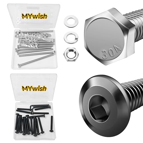 Mywish (10 Sets) 1/4-20x4 Hex Head Assorted Screws Nuts and Bolts & 20Pcs 1/4 Bolts, 1/4-20 x 2 Flat Head Hex Socket Head Cap Screw Bolts, 1/4 Screws 304 Stainless Steel Furniture Screws Full Thread