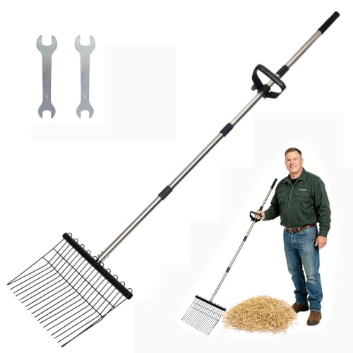 Metal Manure Fork with Adjustable Long Steel Handle Rake Rustproof Hay Fork