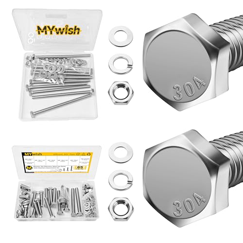 Mywish (10 Sets) 1/4-20x4 Hex Head Assorted Screws Nuts and Bolts & 85PCS 3/8 Bolt 3/8-16 Hex Nuts and Bolts Assortment Kit, 304 Stainless Steel 18-8, Fully Machine Threaded Bolts
